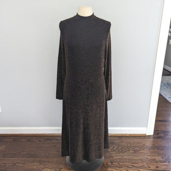 NEW Women's H&M Black Gold A-Line Midi Dress Cocktail Size Large Stretchy Mesh - Picture 1 of 8